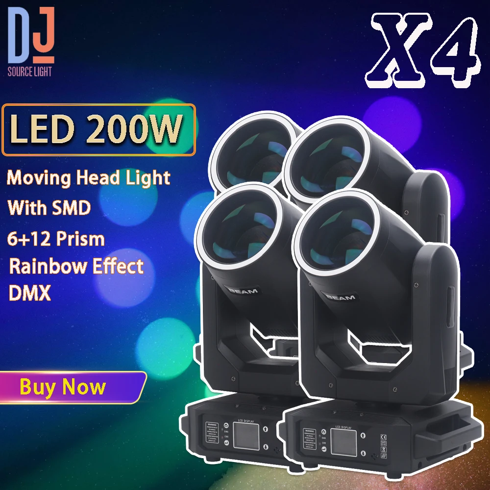 LED 200W 빔 스팟 무빙 헤드 라이트, 조리개 18 프리즘 무지개 효과 DMX DJ 디스코 파티 클럽 무대 효과 램프, 로트당 4 개