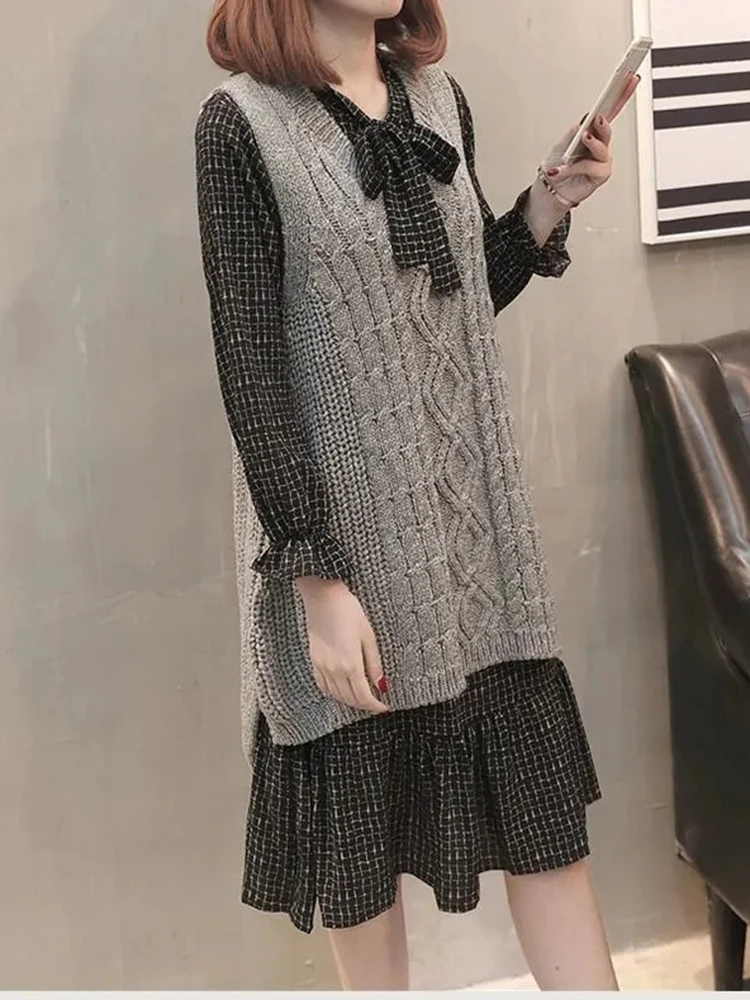 Korean Floral Knitted Dress Suit Women Solid Mid-length Sweater Vest Sets Lace Up Mid-length Straight Flower Dresses Outfits New