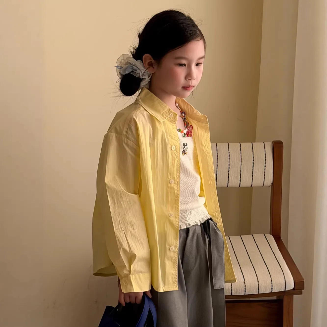 2025년 봄 아동용 단색 버튼다운 셔츠 유니섹스 남아 여아 긴팔 캐주얼 면 블라우스