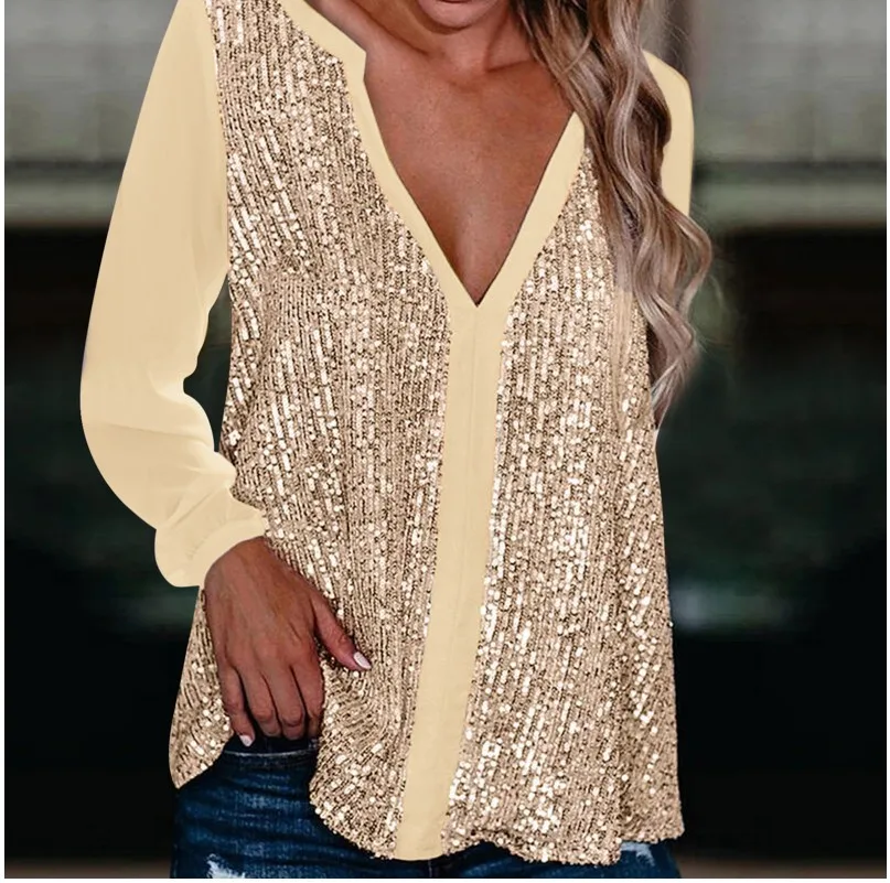 blouse for women 2023 autumn winter sexy v neck tops pullover ladies long sleeve contrast sequin buttoned casual loose shirt Loose Chiffon Maternity Clothes V-Neck Blouse T-Shirt Casual Female Women Sequins Long Sleeve Blouse Shirt Pullover Top Oversize