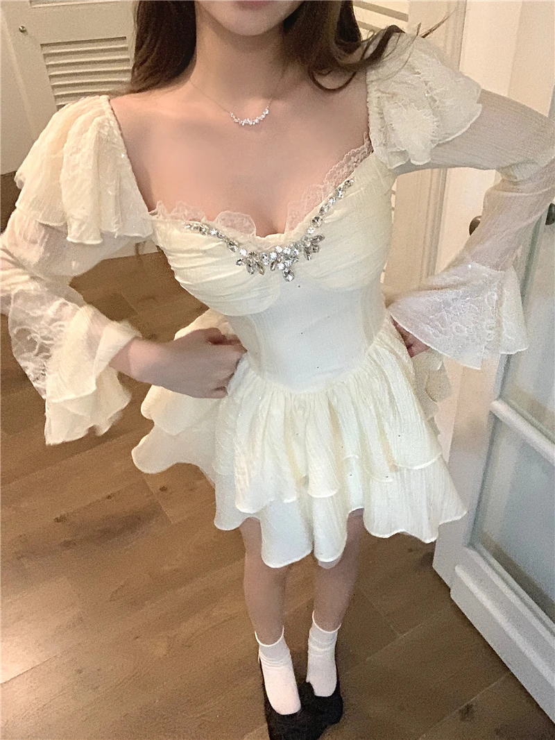 Y2K Black Short Dresses for Women Diamonds Square Collar Flare Sleeve High Waist A-line Birtheday Party Dress Prom Mini Vestidos