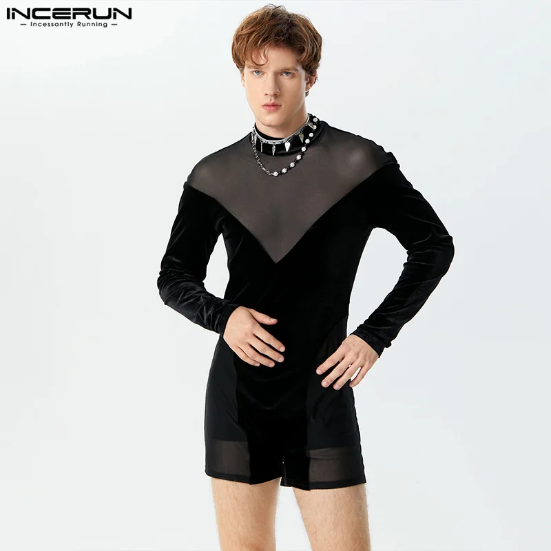 

INCERUN Men Rompers Velour Mesh Patchwork Turtleneck Long Sleeve Sexy Bodysuits Men Streetwear 2024 Fashion Male Playsuits S-3XL