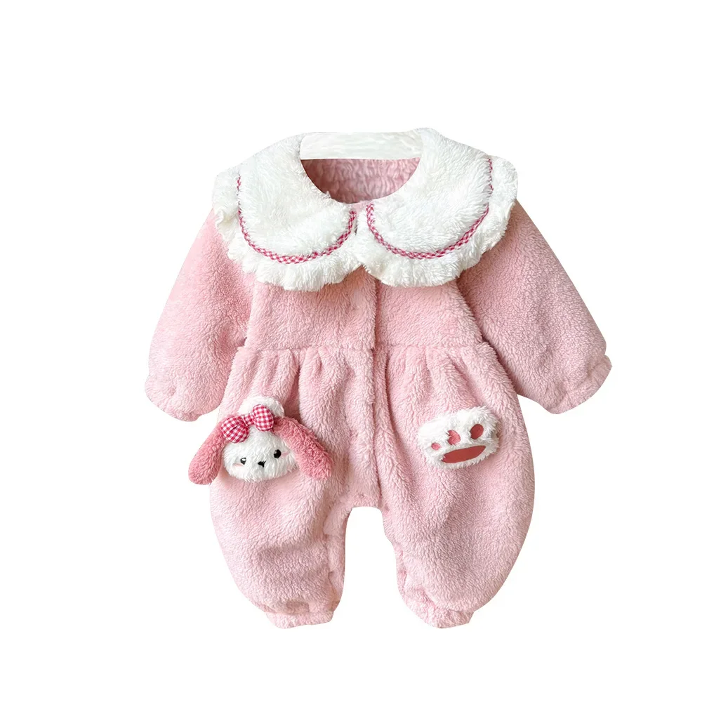 2025 Winter New in Kids Baby Girls Thicken Plush Warm Outfits ,toddler Infant Peter-pan Collar Jumpsuits Newborn Romper 0-24M