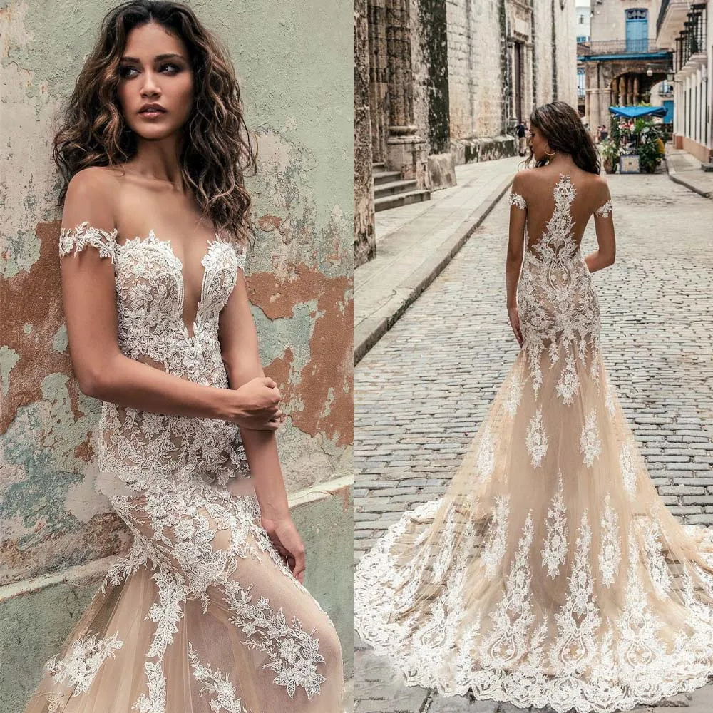 2024 luxury mermaid lace wedding dresses white open back deep v neck off the shoulder bridal gowns sweep train vestido de novia 2024 Luxury Mermaid Lace Wedding Dresses White Open Back Deep V-neck Off The Shoulder Bridal Gowns Sweep Train Vestido De Novia