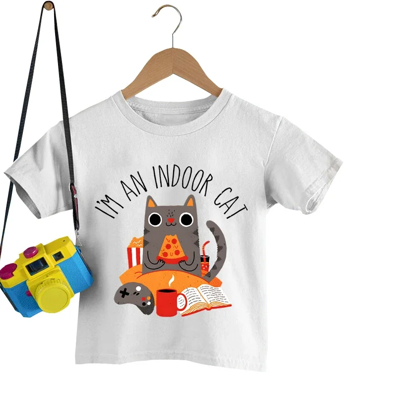 

I'm An Indoor Cat with Pizza Print T-shirt Kids Fashion Animal Shirt Short Sleeve Top Girls Boys Cartoon Cat Streetwear Tshirt