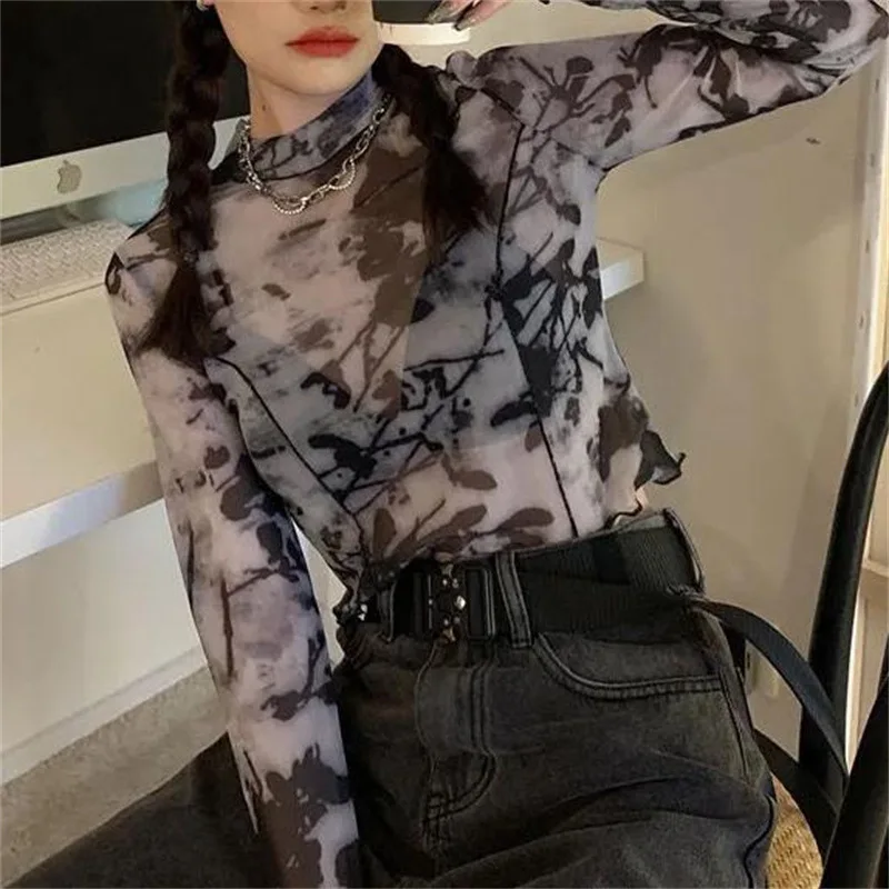 Korean Fashion Y2k Women Tie-dye T-Shirts Sexy Mesh Crop Tops Long Sleeve See Through Slim Turtleneck Female Printed Outfits