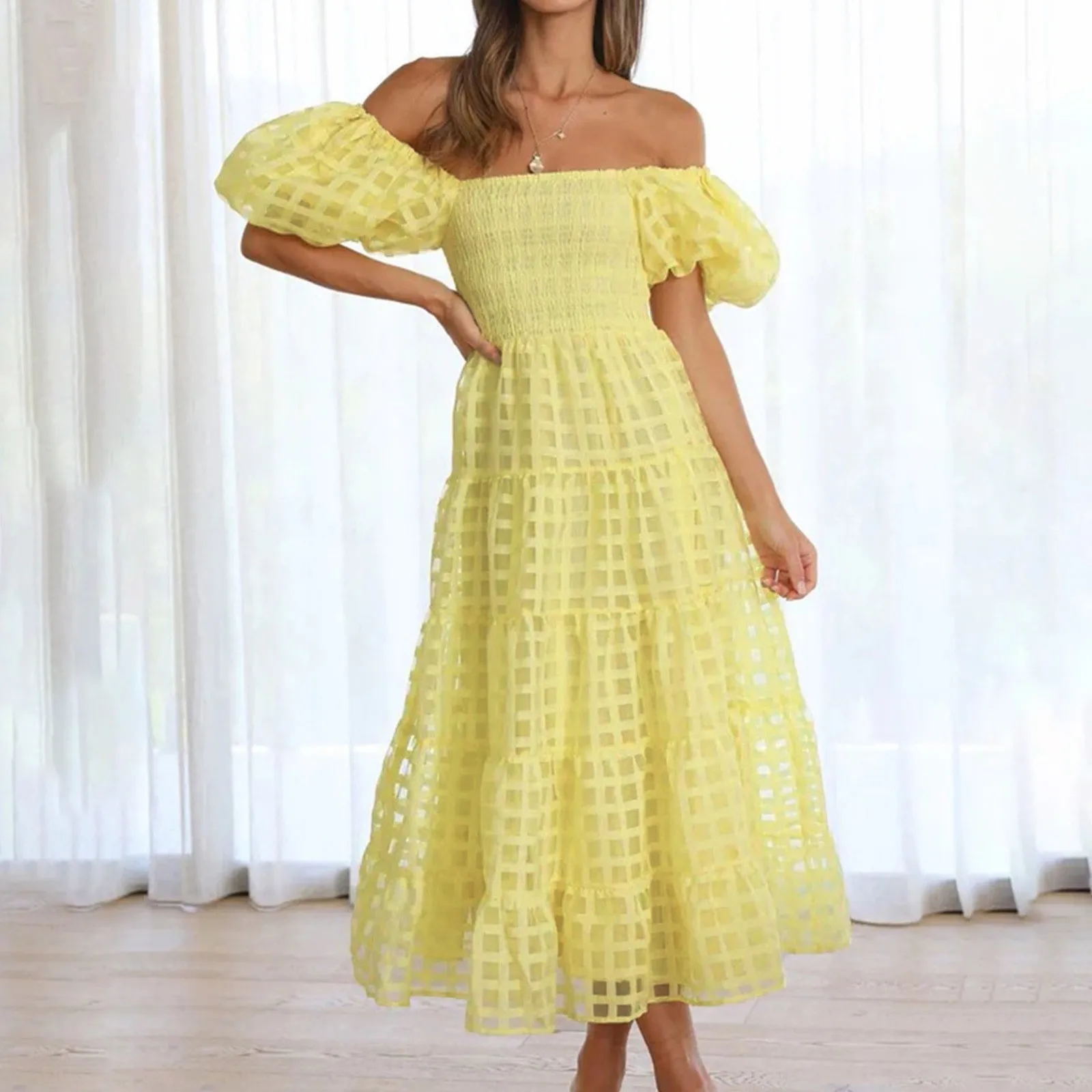 

Summer New Fashion Lantern Sleeves Dress Slash Neck Short Sleeve High Waist Party Midi Dresses Elegant Women Off Shoulder Dress