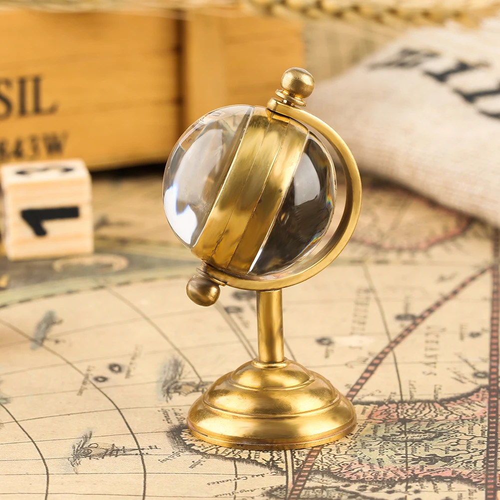 Vintage Copper Spinning Globe Gold Desk Mechanical Pocket Watch Hand Winding Movement Home/Office Luxury Decoration Collectibles