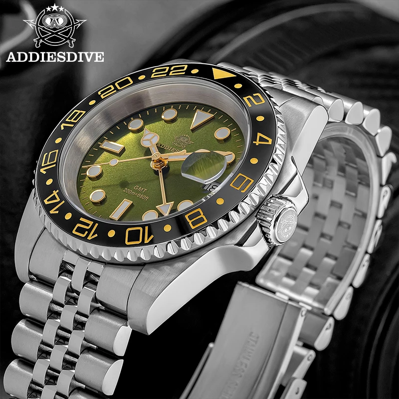 ADDIESDIVE AD2050 GMT Quartz Watches Stainless Steel Green Dial