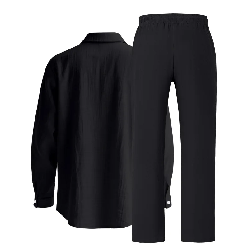 Men's Autumn Loose Trend Linen Solid Color Simple Lapel Long-Sleeved Shirt Beach Trousers Set
