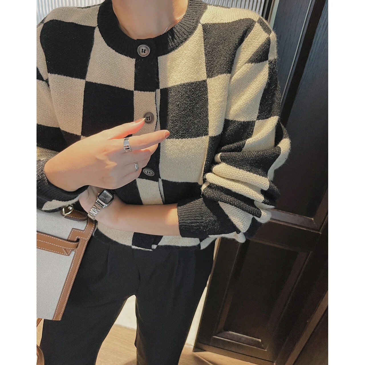 

2022 Woman Y2k Clothes Plaid Heavy Sweaters Cardigan Oem Pulls Crop Tops Korean Fashion Vintage Winter Long Sleeve Blouse New