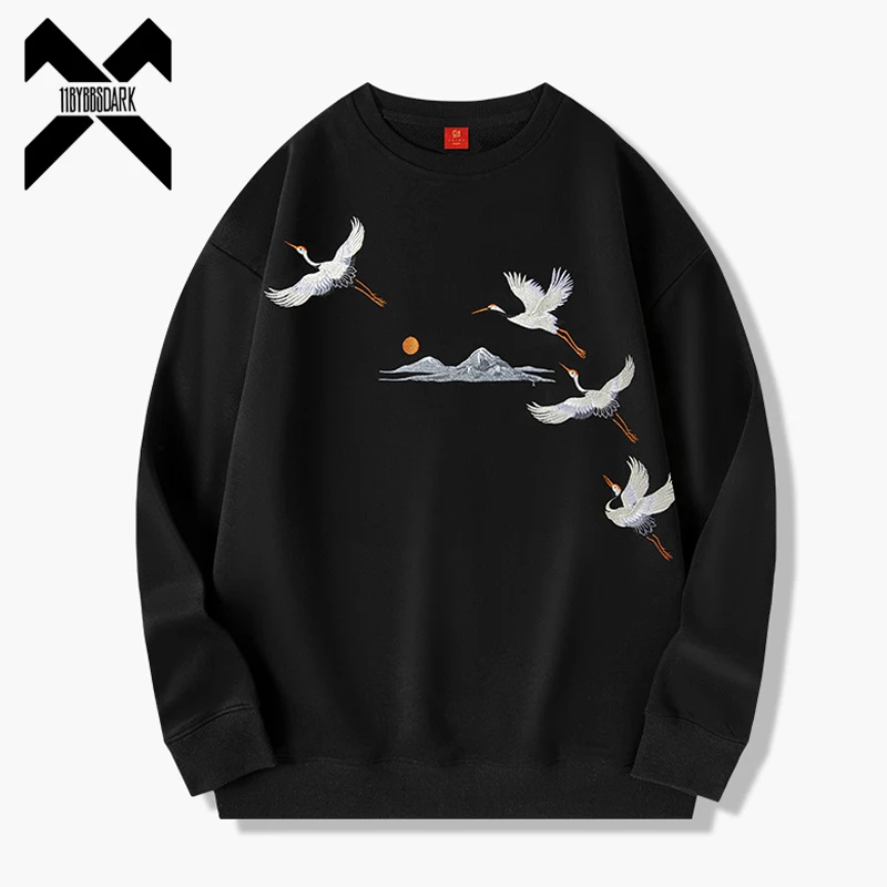 

Hip Hop Crane Embroidered Sweatshirts Streetwear Mens Harajuku Fashion Casual O-Neck Pullover Hoodies Hipster Tops Coats