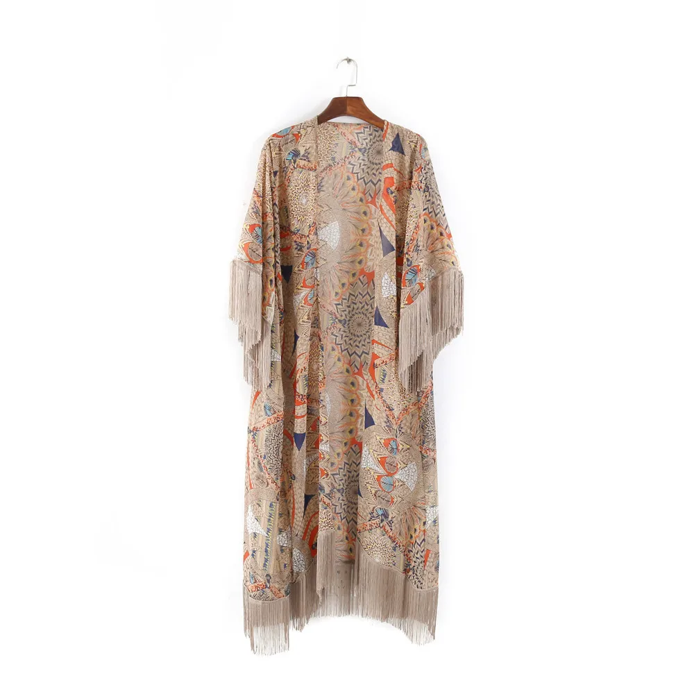 2023 Retro Printed Half Sleeve Chiffon Cardigan Kimono Boho Fringed Tassels Bikini Cover Up Ankle Length Cape Beach Swimsuit
