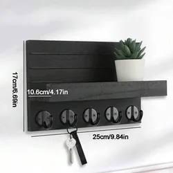 Rustic Wooden Entryway Wall Organizer with 5 Hooks (Dark Khaki)