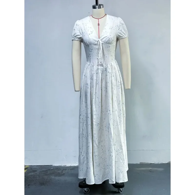 Long Dresses Women Sexy V Neck Floral Print Short Sleeve Sweet Dress Elegant New Street Wear Wholesale Dropshipping 2025