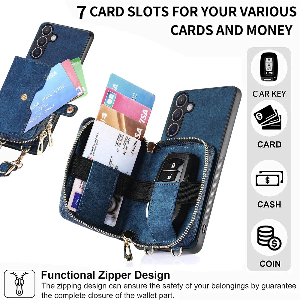 Leather Phone Cover with Zipper Wallet and Lanyard Stand Feature