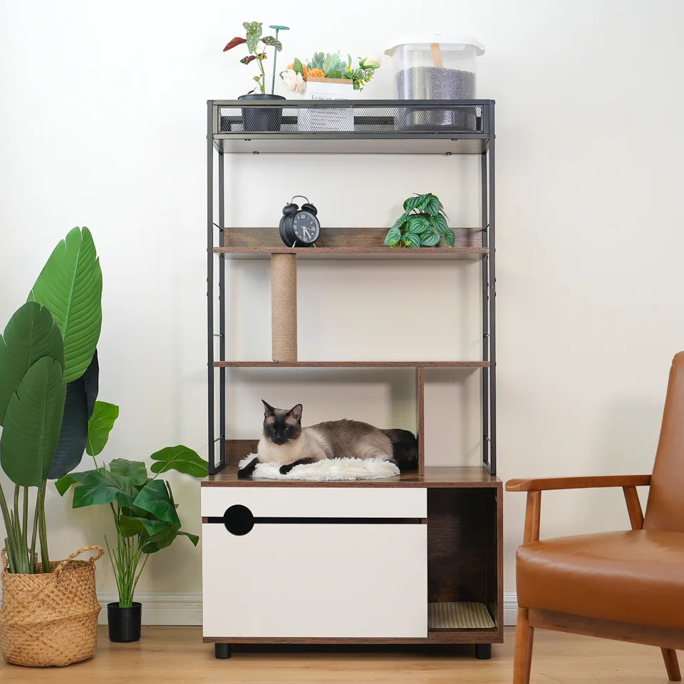Multi Level Cat Litter Cabinet With Shelves