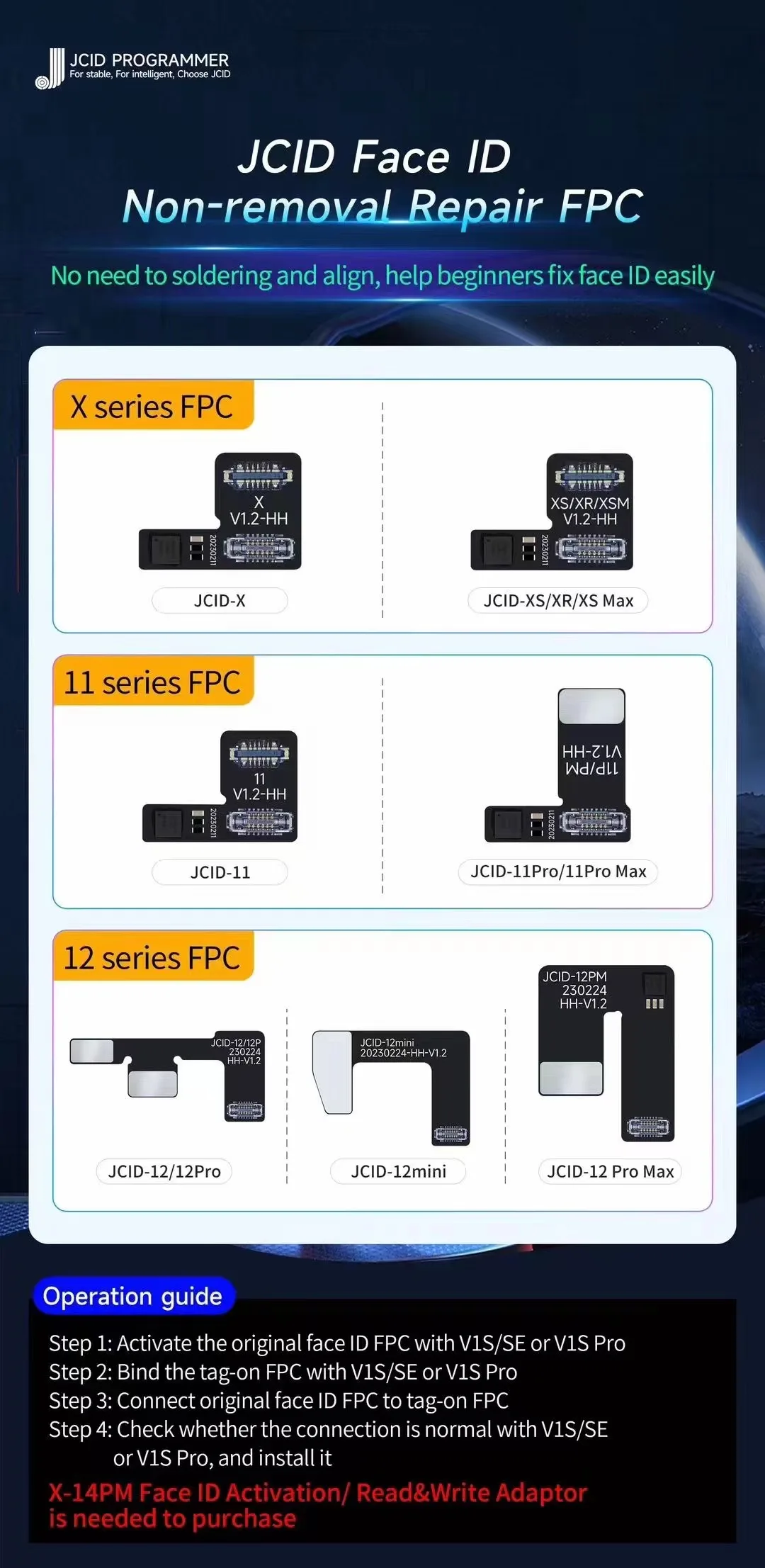 JCID Face ID 태그온 수리 FPC 및 활성화 읽기/쓰기 어댑터 (IP X-17 Pro Max 지원, V1SE/V1S Pro/V1S Plus 호환)