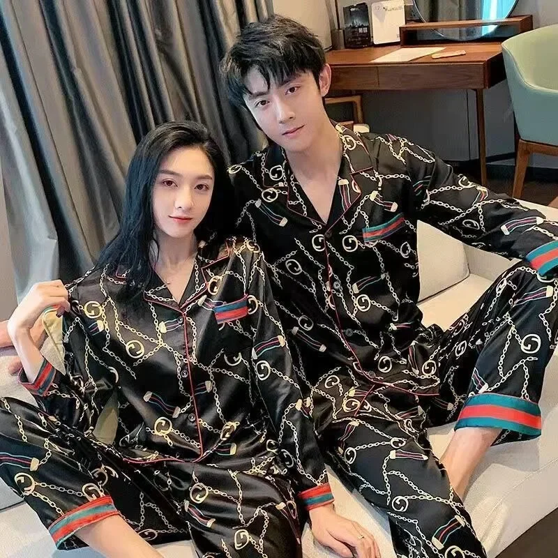 2024 spring summer new women s ice silk two piece set pajamas women s short sleeves silk thin large home fury 2024 New Couple Pajamas Women Spring Autumn Ice Silk Large Size Long Sleeved Thin Style Summer Men's Homewear Cute Autumn