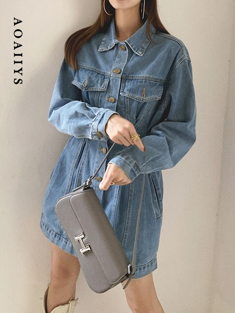 

Женское джинсовое платье Aoaiiys, плиссированное уличное мини-платье с отложным воротником, модное однобортное летнее платье в Корейском стиле