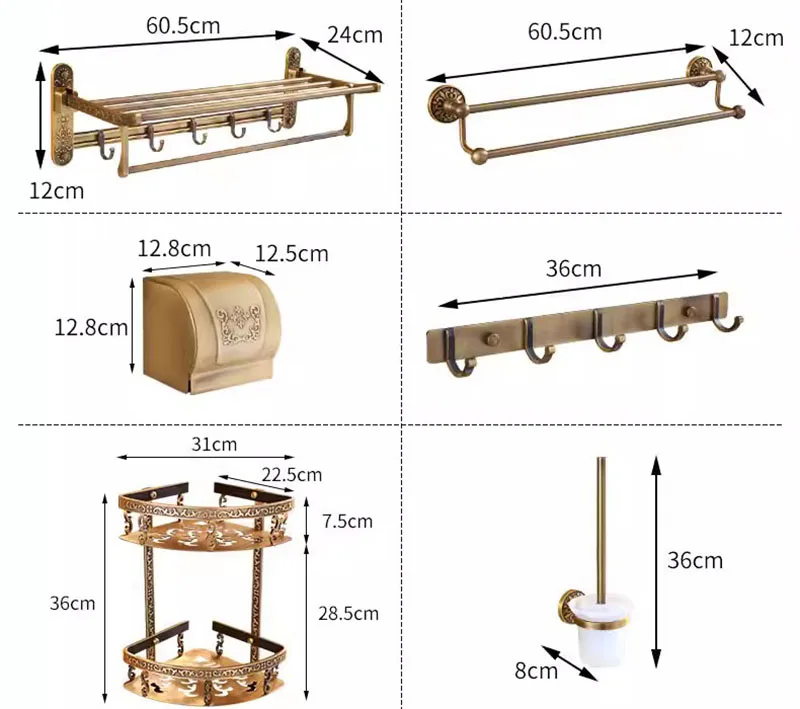 Description Picture 2 of itemAntique Bathroom Accessories Sets Aluminum Towel Shelf Toilet Paper Holder Soap Holder Towel Rack Tumble Holder Hooks