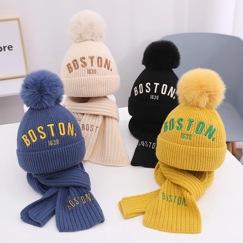 2-8 Years Kids Knit Hat Scarf Set Korean Letter Embroidery Boy Girl Winter Thick Warm Pullover Hat Outdoor Windproof Neckerchief