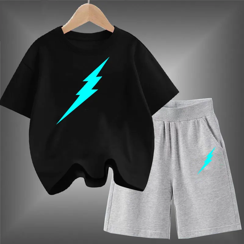 Kids Luminous Clothes Set Boys Funny Battery Print 2PCS Pack Soft Cotton Summer Children T-shirt + Shorts Sport Glowing Outfits