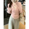 Pink V-Neck Long Sleeve Knitted Sweater Women's Autumn Winter Slim Fit Base Layer Top Inner Wear Fitted Waist Design Sense