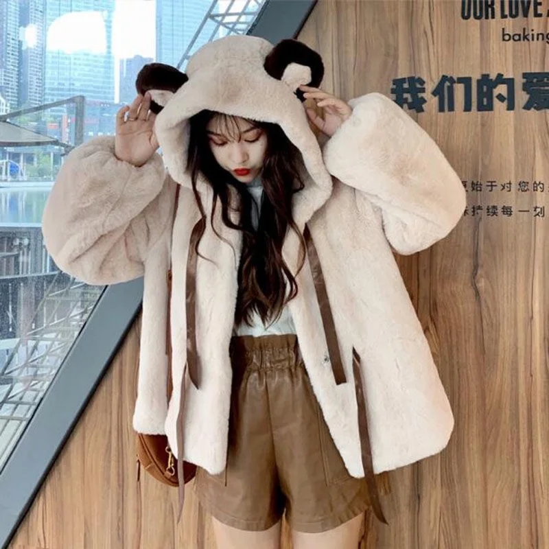 Cute and Sweet Cartoon Hooded Jacket Women's  Fall/winter New Solid Color Blouse Drawstring Warm Long-sleeved Women's Jacket
