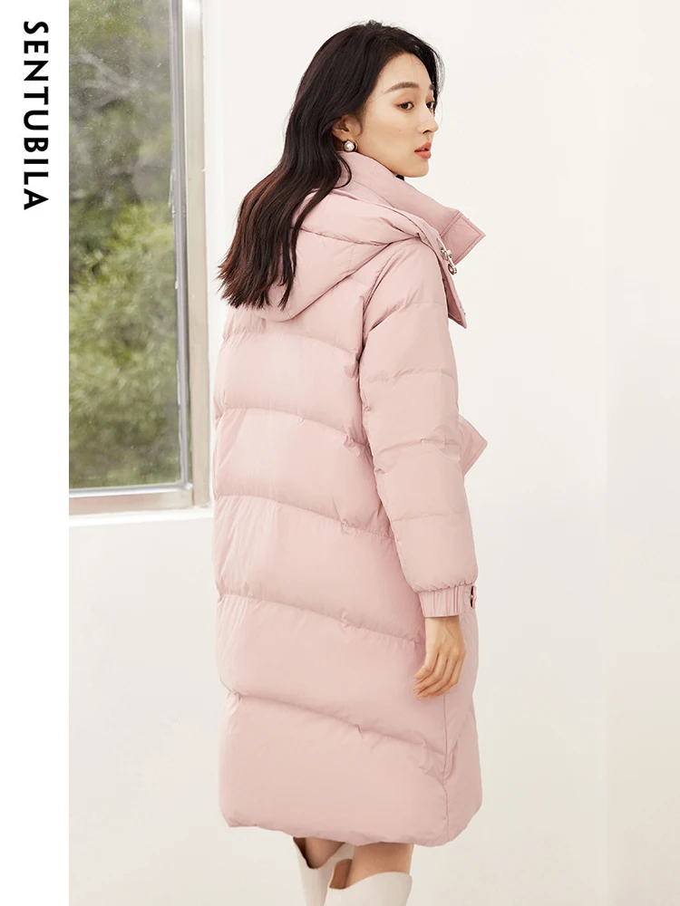SENTUBILA Women's Casual Hooded Winter Down Jacket 2023 High Quality Mid-Length Down Coat White Duck Down Warm Jackets W34Y50541