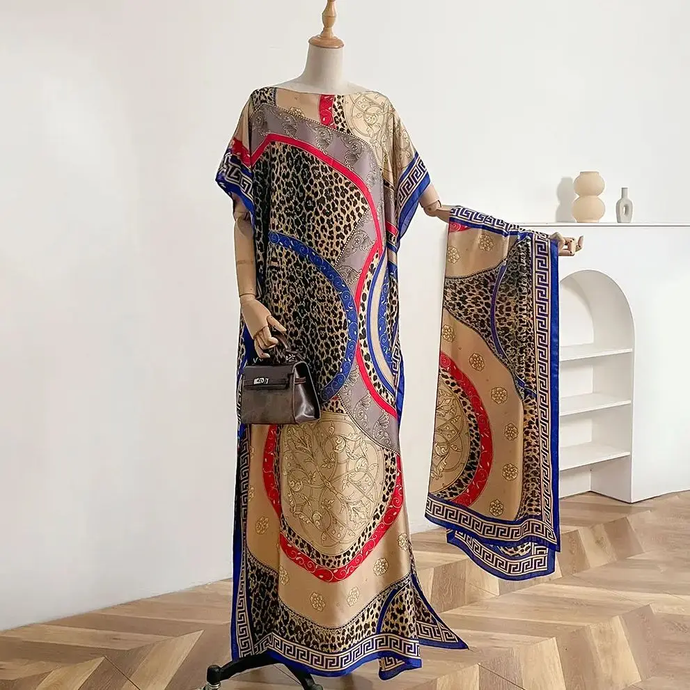Summer New Fashion African Dresses For Women Elegant Printed Silk Muslim Lady Long Hijab Kaftan Dress Oversize Kuwait Abaya