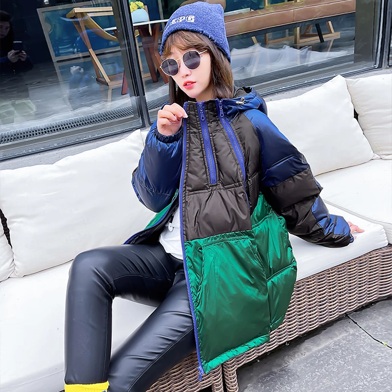 2022 Winter Down Jacket Fashion Splice Contrasting Colors Down Jacket Women Double Zipper Hooded Parkas Coat Down Cotton Coat