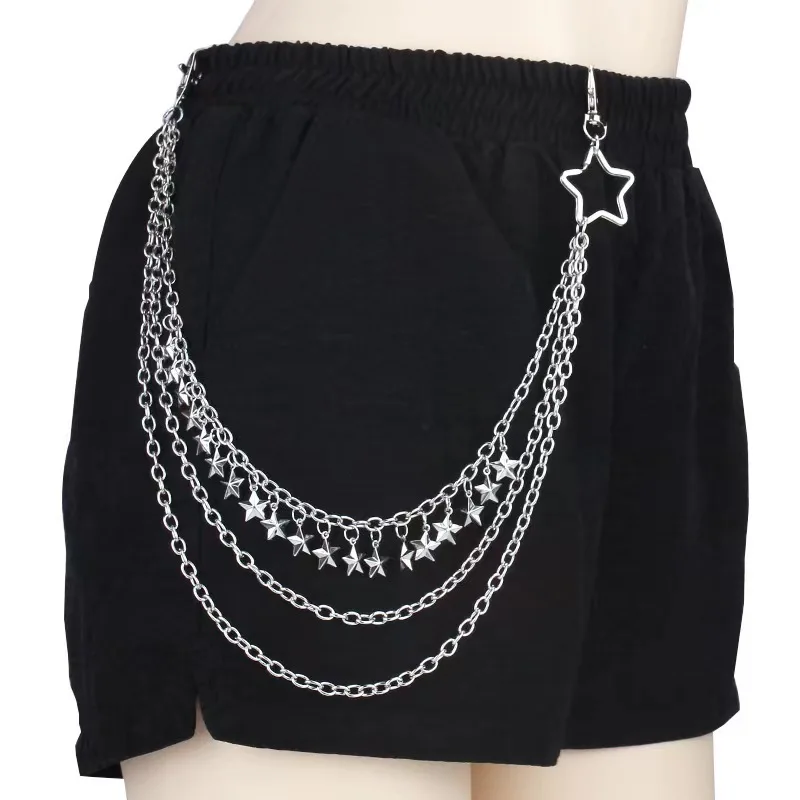 Hip Hop Punk Pentagram Biker Jeans Link Pants Keychain Women Belt Key Chain Three Layers Trousers Waist Chain Female Jewelry