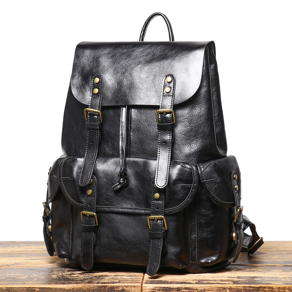 Vintage Top Grain Cowhide Leather Backpack Large Capacity Laptop Compartment Travel Drawstring Closure Business Casual Backpack