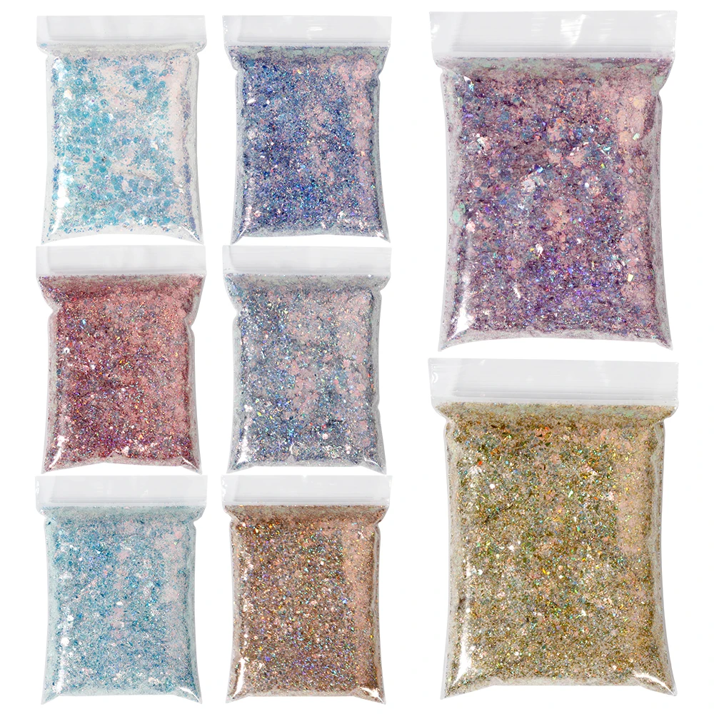 1Bag 50g 홀로그램 레이저 Chunky 반짝이 네일 장식 조각 DIY 혼합 크기 고블린의 눈 시리즈 반짝이 가루 얼굴/바디 장식 조각
