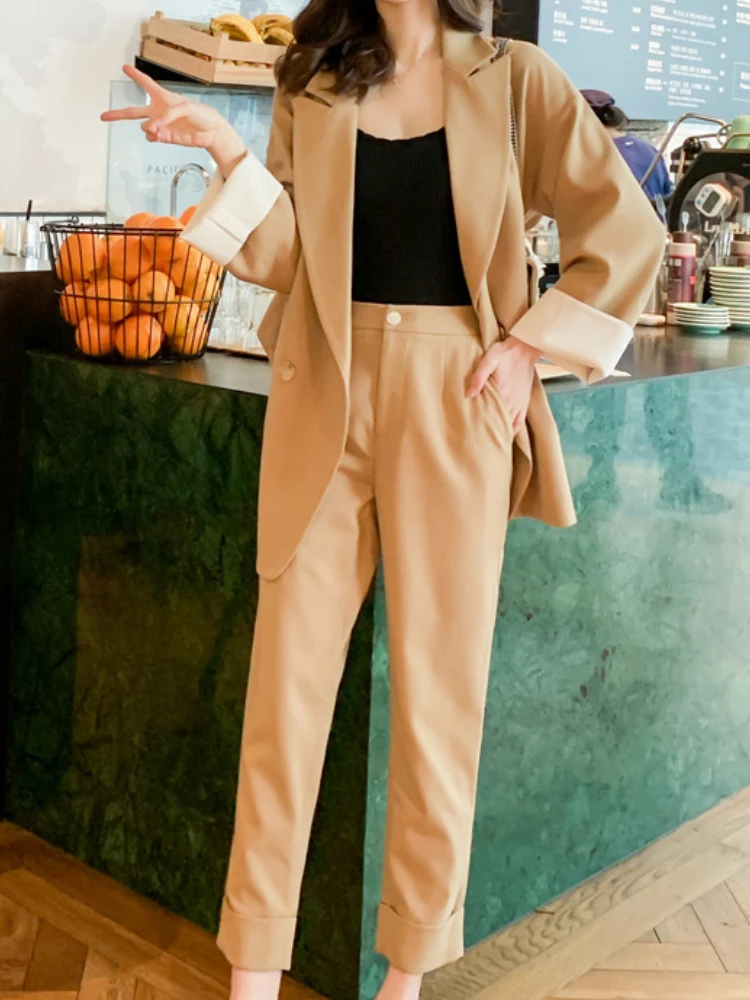 

Fashion Korean Women Casual Blazer Pantsuit Long Sleeve Loose Jackets Pencil Pants 2 Pieces Set Femme Business Trousers Suit New