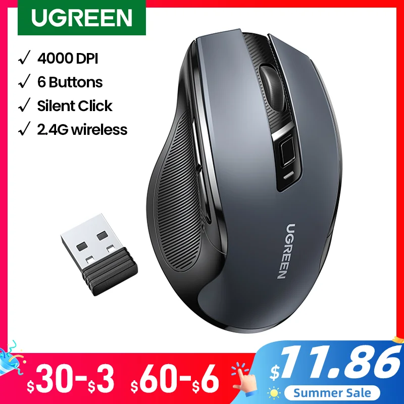 【Top Sale】UGREEN Mouse Wireless Ergonomic Mouse 4000 DPI Silent 6 Buttons For MacBook Tablet Laptop Mute Mice Quiet 2.4G Mouse