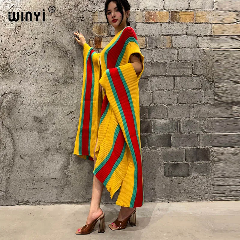 WINYI Women Knitting stripe elegant coat Catwalk Capes Autumn 2023 Female Fashion kimono Cloak winter clothes women cover-ups