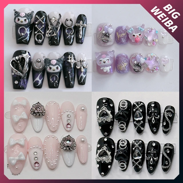 Sanrio Kuromi-Seamless removível unhas postiças, Black Heart Coffin, roxo  Bow Nail Art com design por manicure profissional - AliExpress