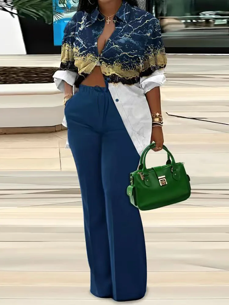 

Женские комплекты из 2 предметов, элегантная рубашка с длинным рукавом, топ, брюки с широкими штанинами, Осенний Женский Повседневный свободный домашний брючный комплект с принтом для женщин