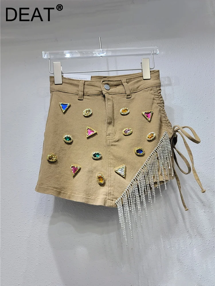 

Shiny Diamond Splice Irregular Hem A-line Denim Short Skirt Women's Rhinestone Tassel Skirts Female2023 Summer New 11XX2559
