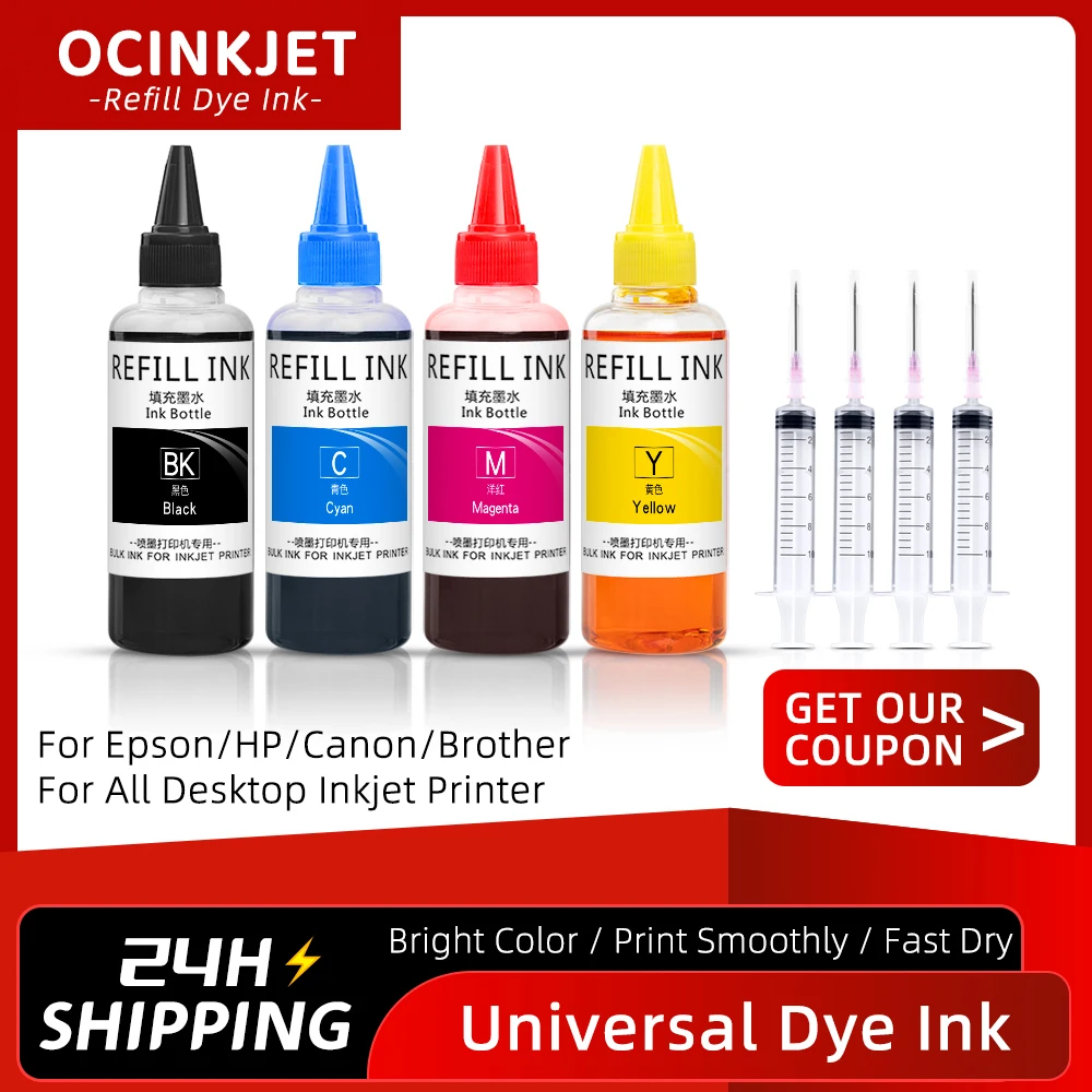 Universal Printer Dye Ink for Iconic Brand For Epson For HP For Brother Ink Refill Kit 100ml Bottle 4 Color Dye Cartridge CISS EcoTank