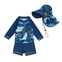Toddler Baby Boys Summer Swimsuit Set Fish Print Long Sleeve Tops Elastic Waist Swim Trunks Hat Kids 3Pcs Bathing Suit 1