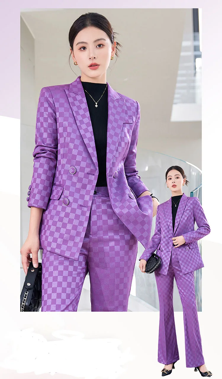 Tesco Casual Women Pantsuit 2PCS Double Breasted Blazer Flare Pant Plaid Suit Set Formal Office Lady Chic Business ropa de mujer