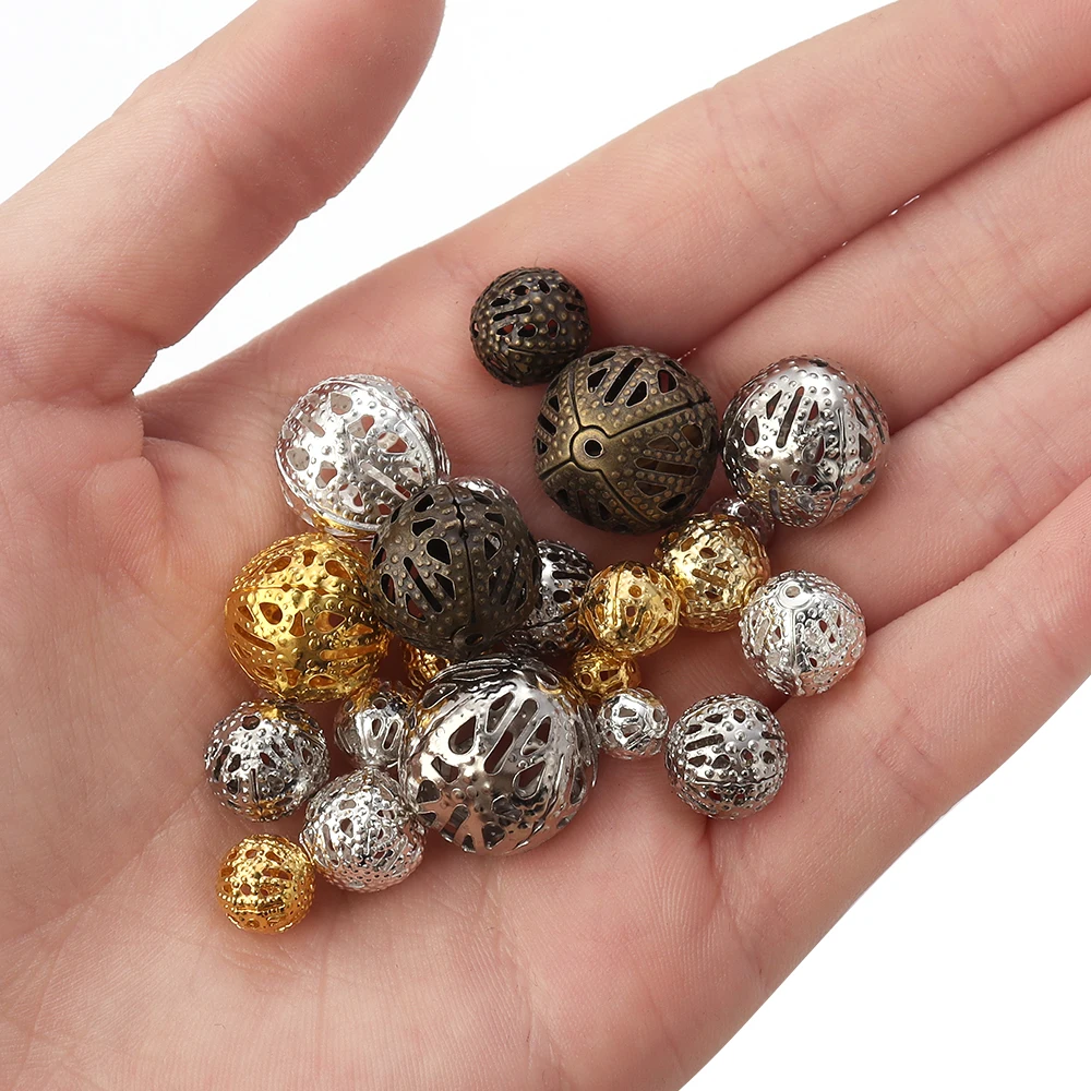 4 6 8 10 12 14mm 금속 철 중공 공 꽃 비즈 골드 컬러 선조 스페이서 라운드 비즈 DIY 쥬얼리 액세서리 만들기