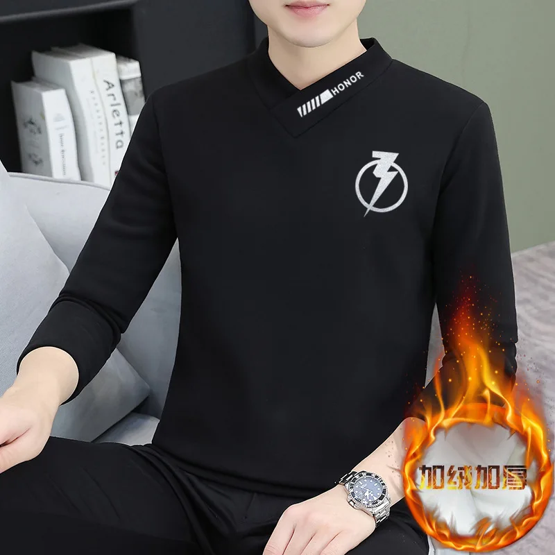 

2023 Winter Men's Long Sleeve Fleece Lined Padded Warm Keeping T-shirt