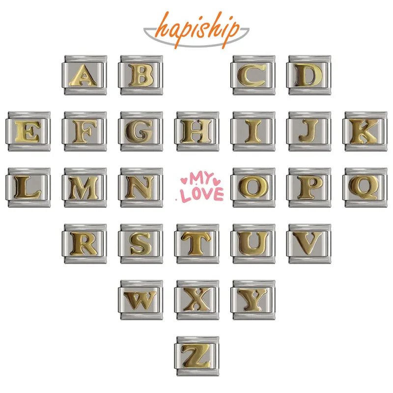 Hapiship New 2024 Fashion Women 26 Letters A-Z Italian Charm Links Fit 9mm Bracelet Stainless Steel Jewelry Making DJ110