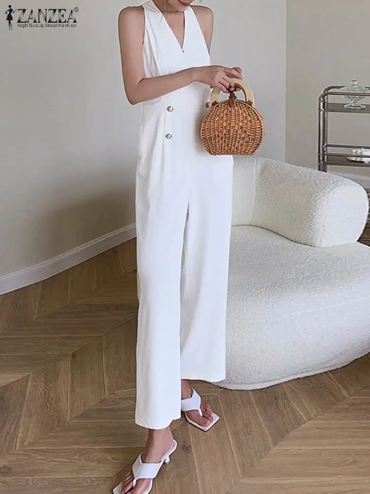 

Women Elegant Sleeveless Jumpsuits ZANZEA Casual V Neck Long Rompers Summer Solid Color Workwear Playsuits Office Lady Overalls