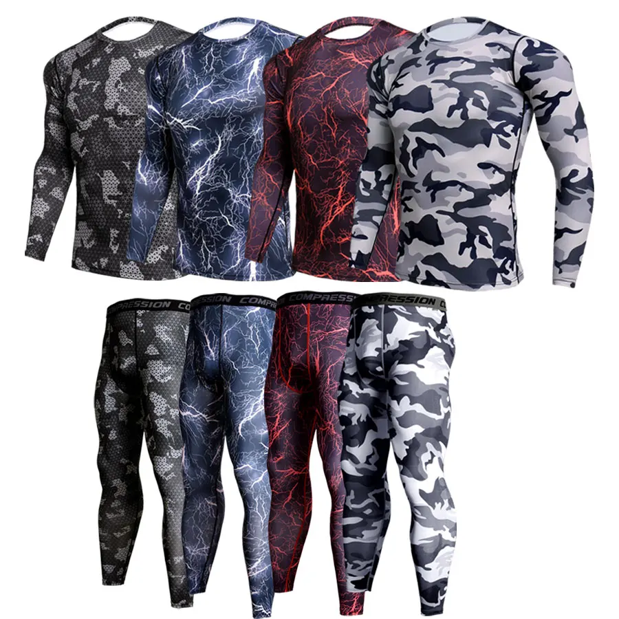 2 Piece Tracksuit Men Compression MMA Long sleeve t shirt Rashgard kit Camouflage  Sweatshirt+leggings Fitness Thermal underwear 2pcs tracksuit men set compression sportswear suit long sleeve autumn spring underwear for men tights quick drying