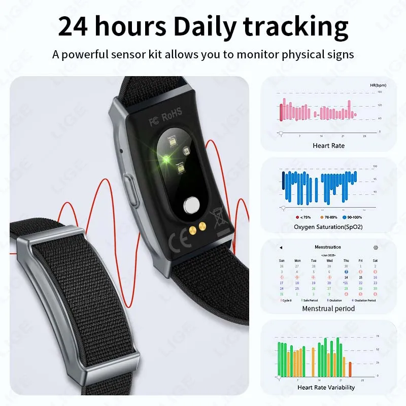 LIGE Smart Bracelet Heart Rate Blood Oxygen Health Monitoring Wristband Fitness Sports Band Waterproof Smart Watch For Men Women